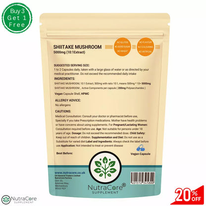 Shiitake Mushroom Capsules 5000mg (60.7% ß-Glucan)-Strong & Effective Vegan