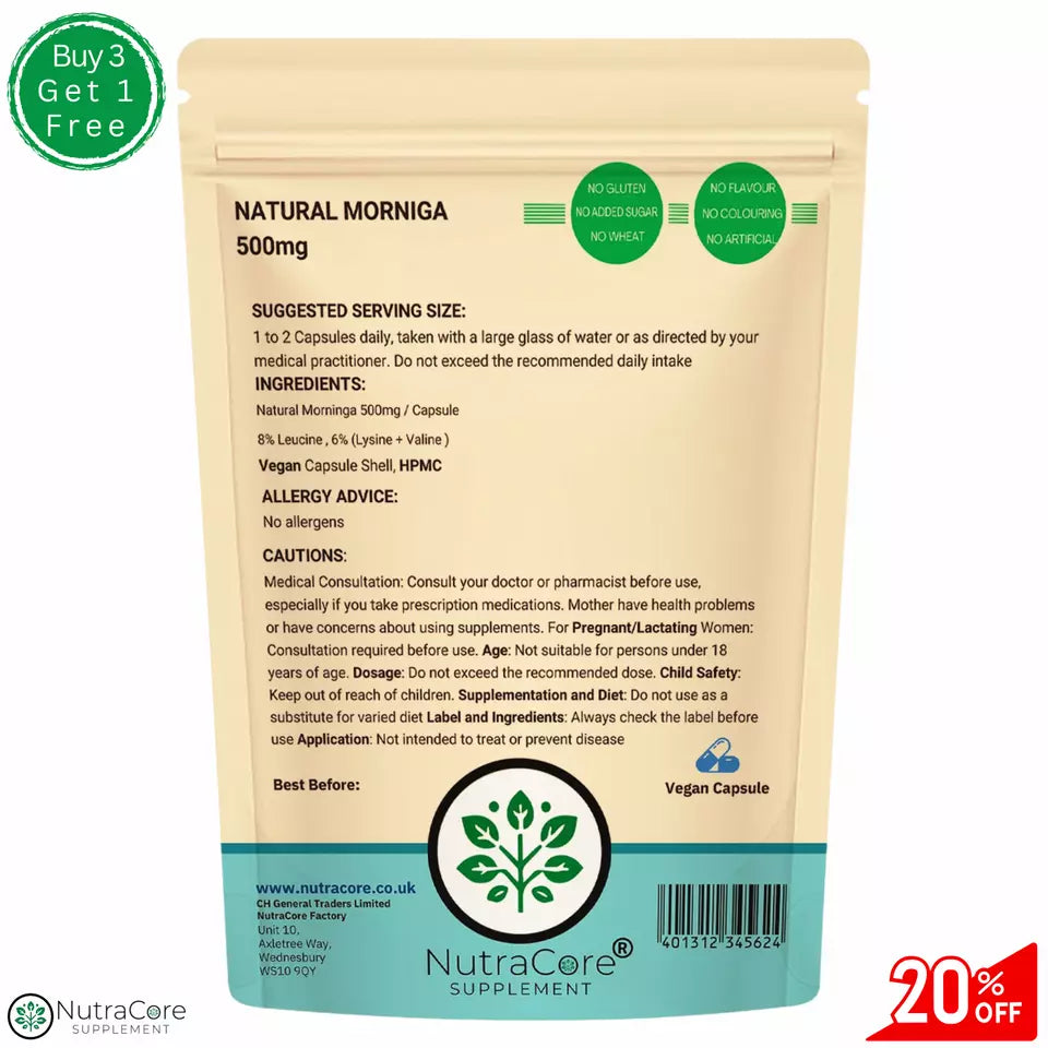 Natural Moringa Capsules 500mg (8% Leucine, 6% Lysine)-100% Natural & Organic