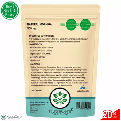 Natural Moringa Capsules 500mg (8% Leucine, 6% Lysine)-100% Natural & Organic