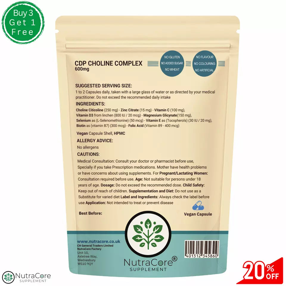 CDP Choline Complex 600mg Capsule-Vitamin(C+D3+E+B9+B7)+Zinc+Mag.+Selenium-Vegan