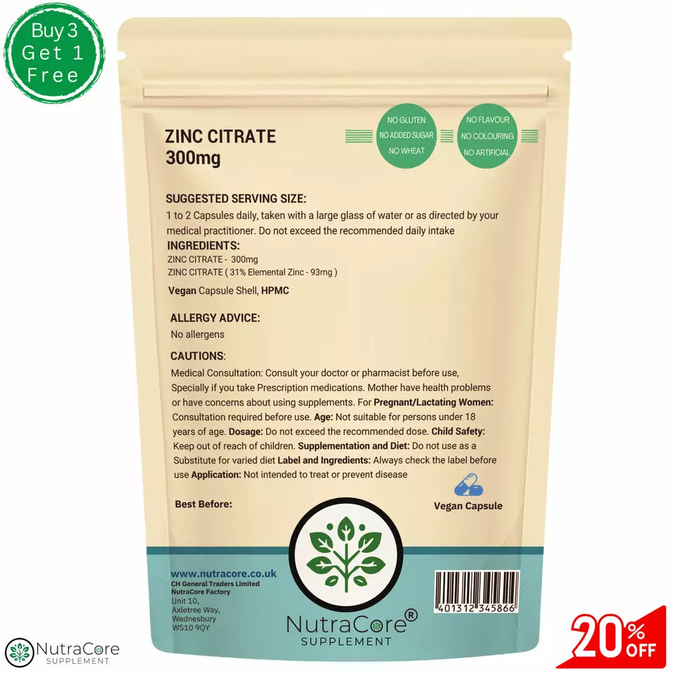 Zinc Citrate 300mg Capsules High Strength Natural Supplement Vegan & Effective