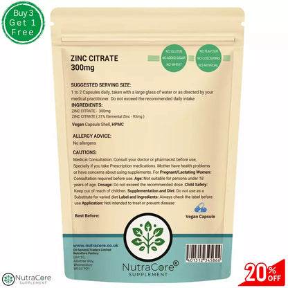 Zinc Citrate 300mg Capsules High Strength Natural Supplement Vegan & Effective