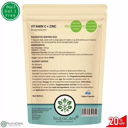 Vitamin C+Zinc Double Strength Capsule (20%Elemental Magnesium)-Natural Vitamin C