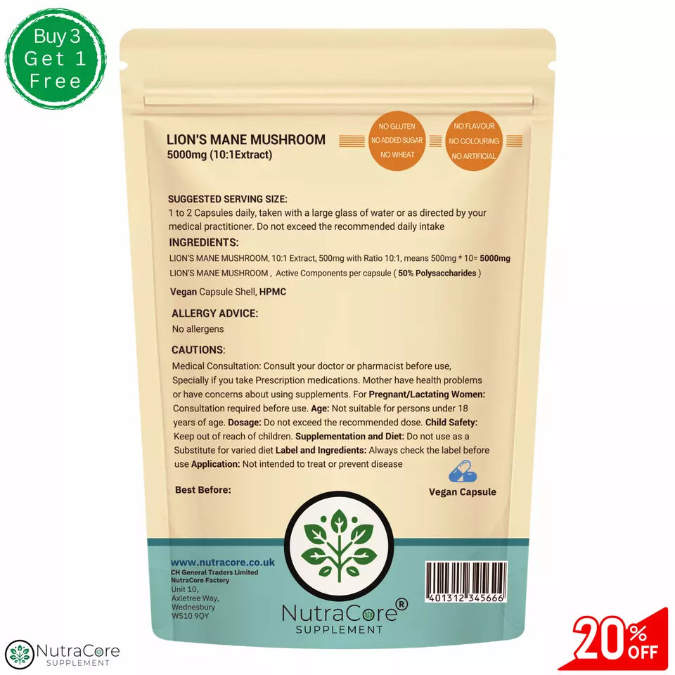 Organic Lions Mane Mushroom Capsules 5000mg (50% Polysaccharides)+(20% ß-Glucan)