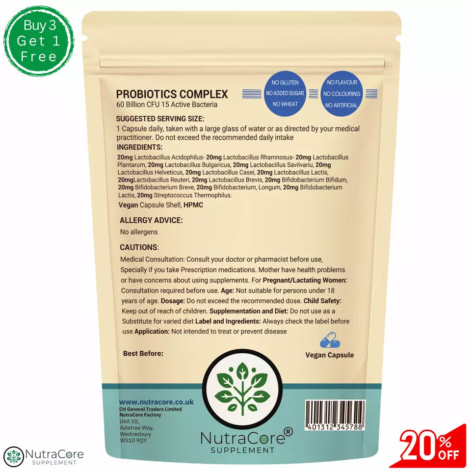 Probiotics Complex For Gut Health-60 Billion CFU - 15 Active Bacteria-Vegan Caps