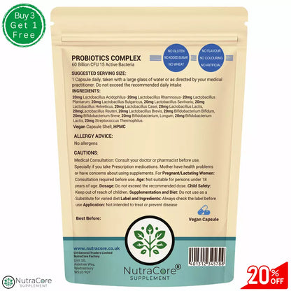 Probiotics Complex For Gut Health-60 Billion CFU - 15 Active Bacteria-Vegan Caps