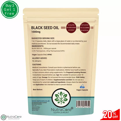 Original Black Seed Oil Capsules 1000mg (2.5% Thymoqunone, 25mg Thymoquinone)