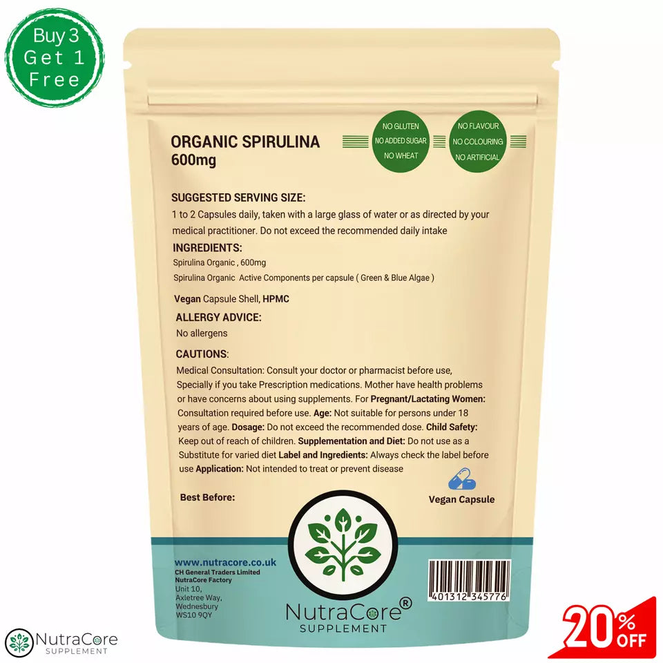 Organic Spirulina Capsule 600mg-(Green &Blue Algae)-Immunity, Detox &100%Natural