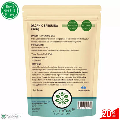 Organic Spirulina Capsule 600mg-(Green &Blue Algae)-Immunity, Detox &100%Natural