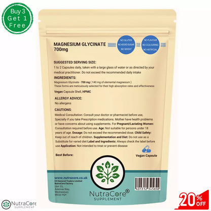 Magnesium Glycinate Capsules 700mg- Bone Health, Pain Relief, Sleep Aid-Veg Caps