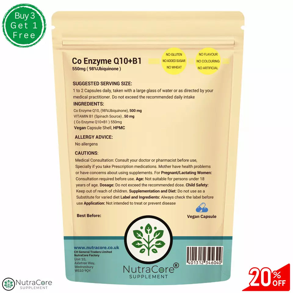 Co Enzyme Q10+Vitamin B1-550mg Capsules-(98%Ubiquinone+B1 Spinach Source)-Vegan