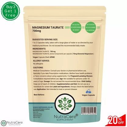 Magnesium Taurate Capsules 700mg (70mg Elemental Magnesium)-100% Vegan & Natural