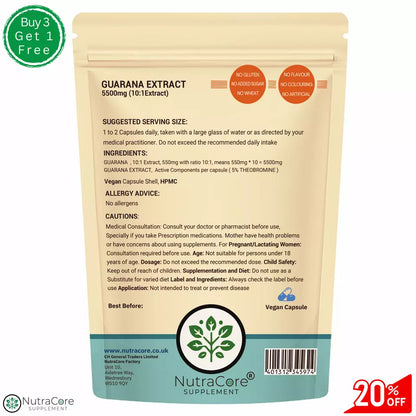 Guarana Capsules 5500mg ( 5% THEOBROMINE) Weight Control-Vegan Caps