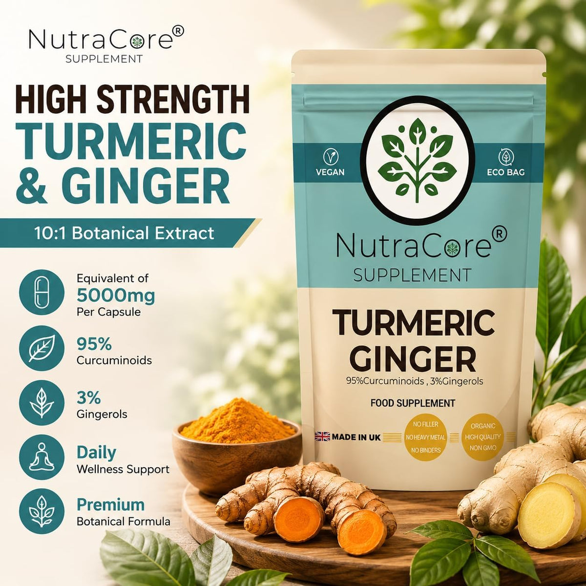 Turmeric & Ginger 500mg Capsules | Vegan Digestive & Energy Support
