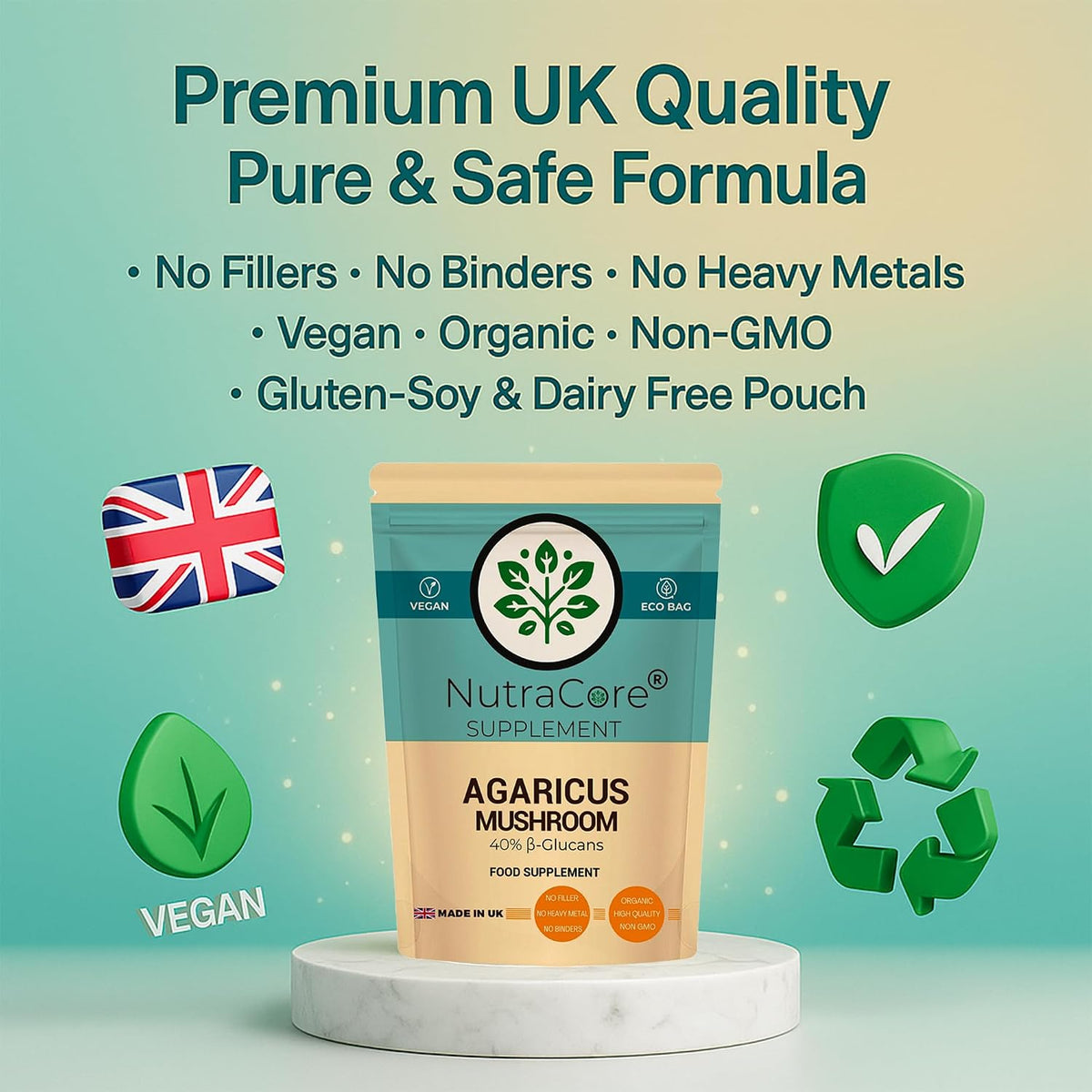 Agaricus Mushroom 4500mg Capsules | 40% Beta-Glucans | Vegan Formula