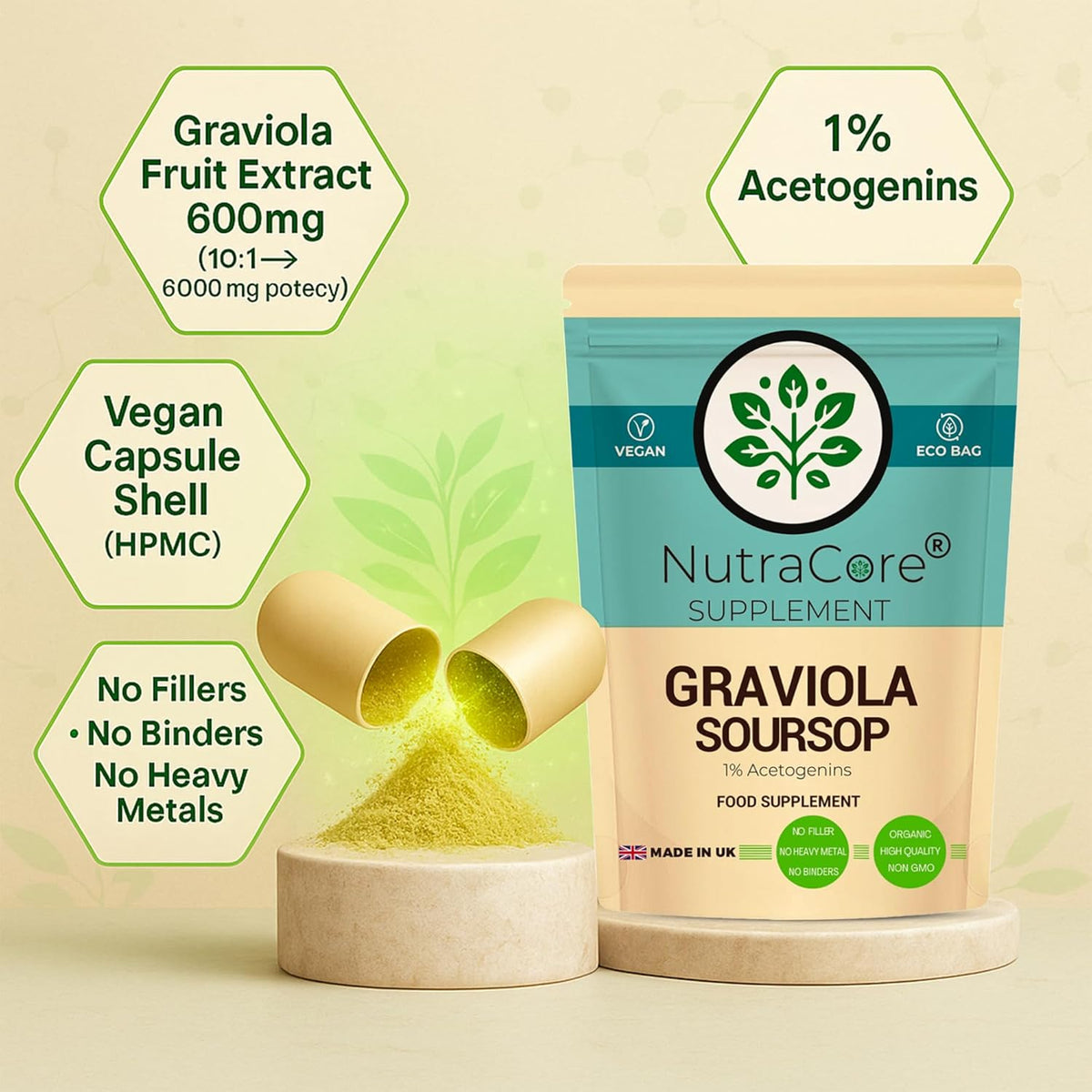 Graviola (Soursop) Fruit 6000mg Capsules | 1% Acetogenins | Vegan