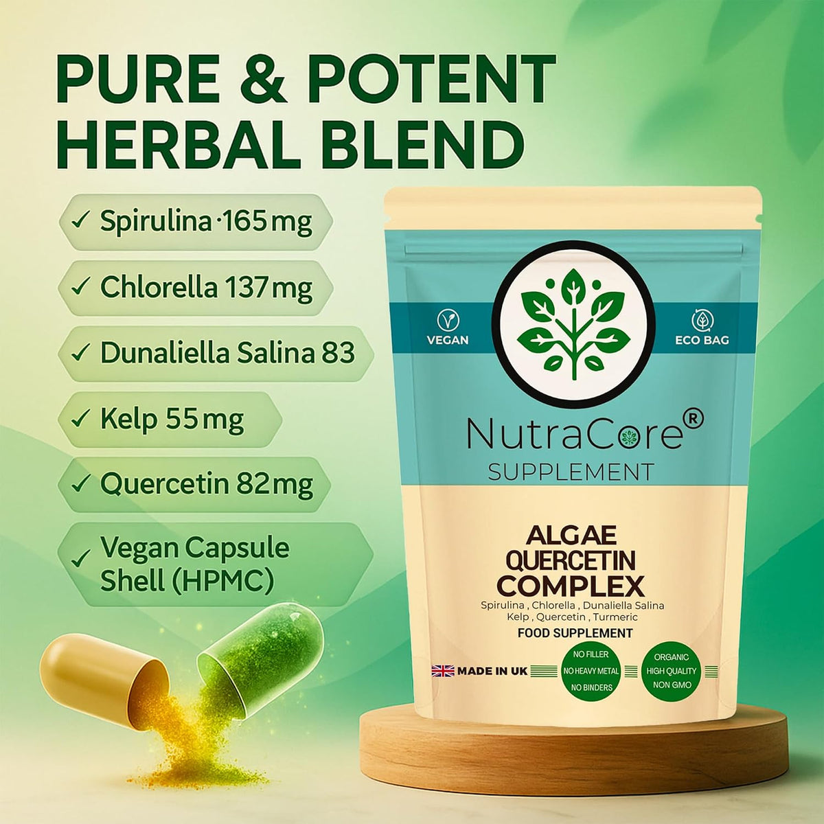 Algae Complex 800mg Capsules | Spirulina, Chlorella, Quercetin & Turmeric