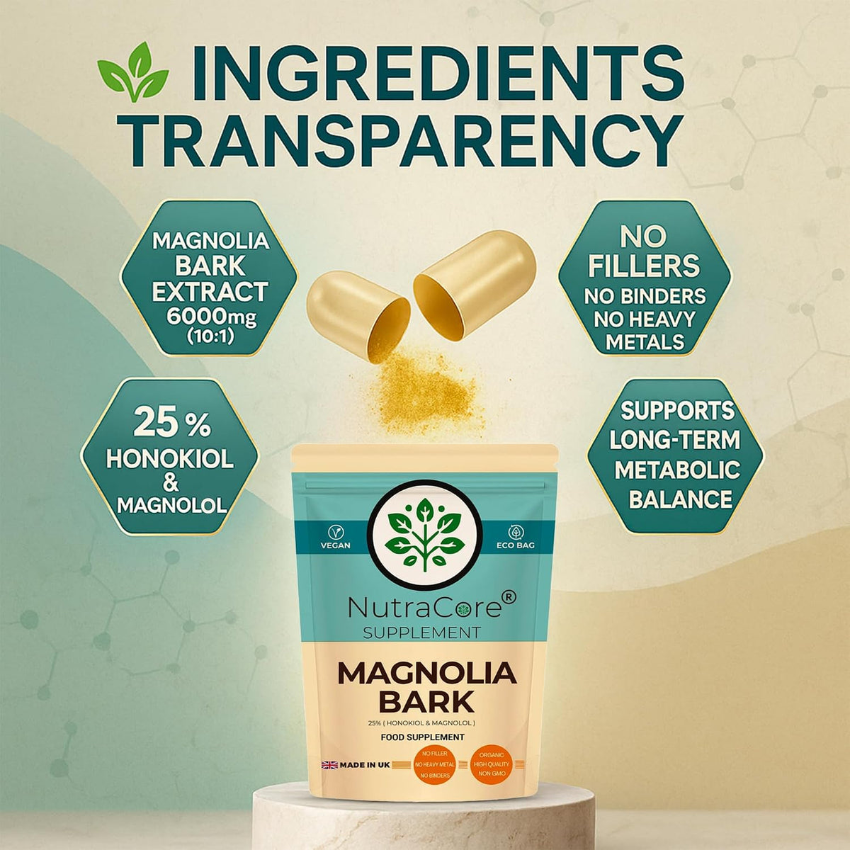 Magnolia Bark 6000mg Capsules | 25% Honokiol | Vegan Supplement