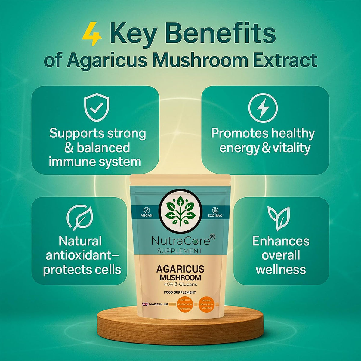 Agaricus Mushroom 4500mg Capsules | 40% Beta-Glucans | Vegan Formula