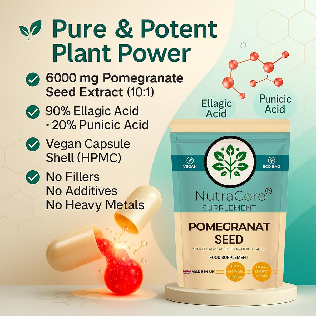 Pomegranate Seed Extract Capsules 5000mg (90% Ellagic Acid, 20% Punicic Acid)