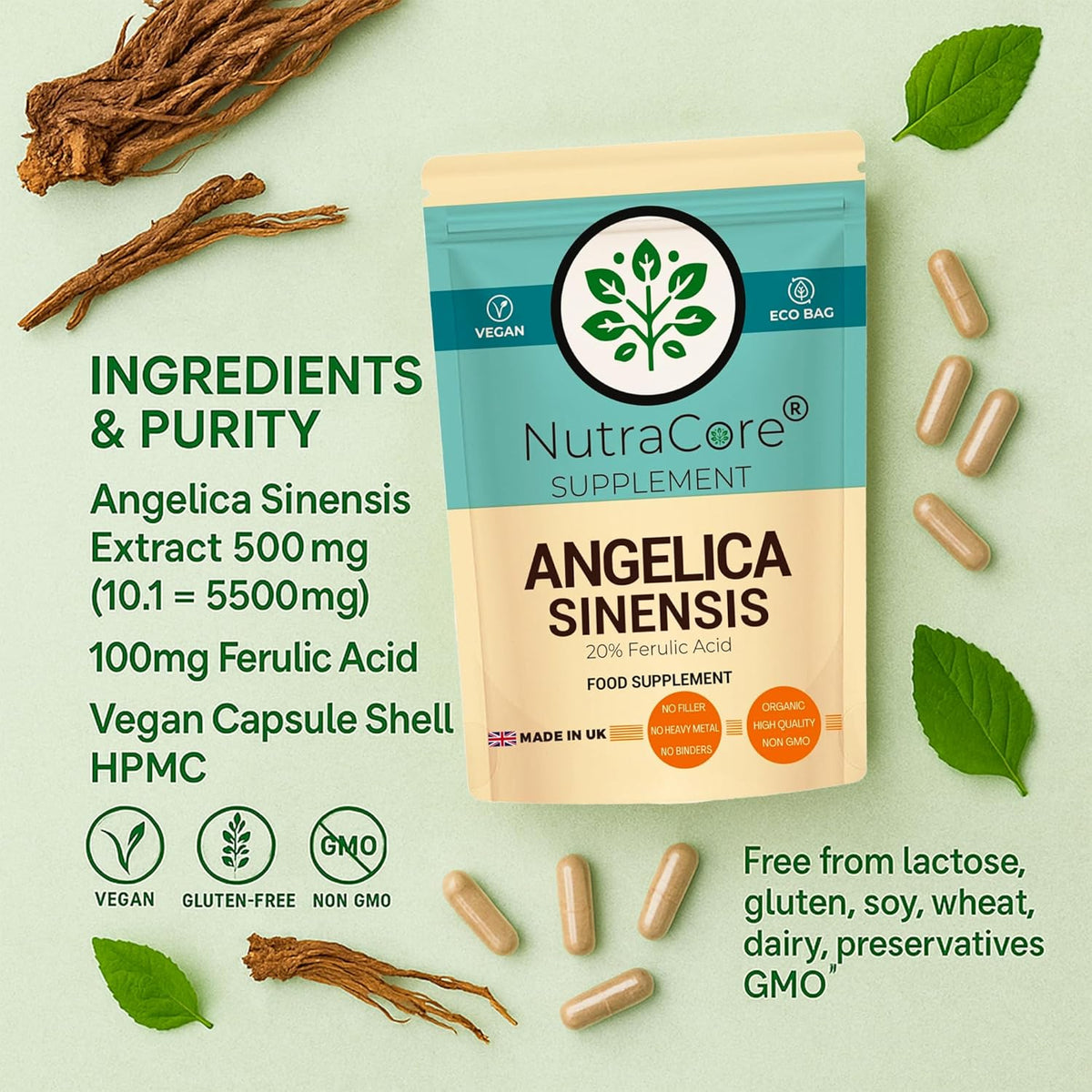 Angelica Sinensis 5000mg Capsules | 10:1 Extract | 100mg Ferulic Acid | Vegan