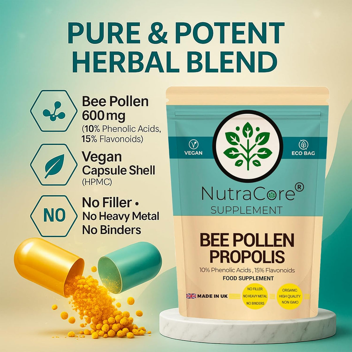 Bee Pollen Propolis Capsules 600mg – 10% Phenolic Acids, 15% Flavonoids