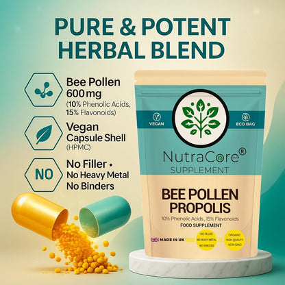 Bee Pollen Propolis Capsules 600mg – 10% Phenolic Acids, 15% Flavonoids