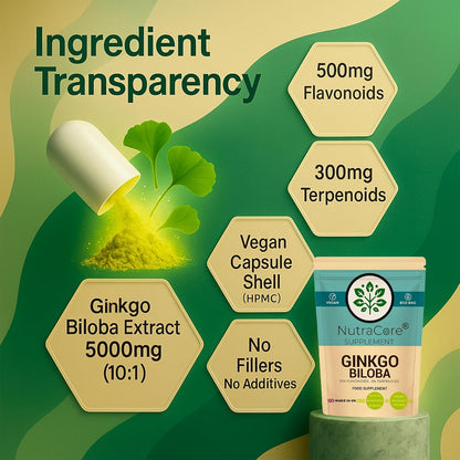 Ginkgo Biloba 5000mg Capsules | 10:1 Extract | 300mg Terpenoids | Vegan