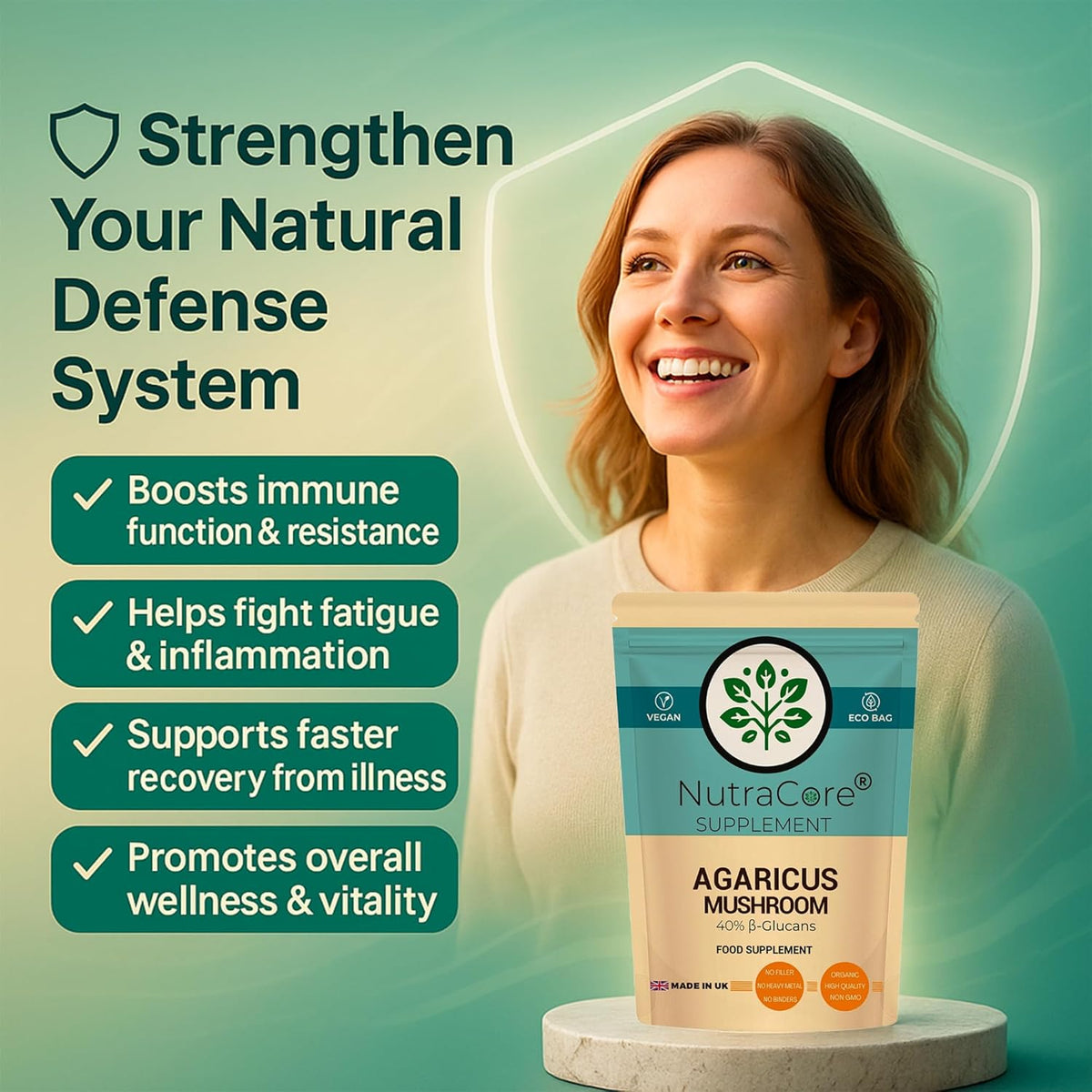 Agaricus Mushroom 4500mg Capsules | 40% Beta-Glucans | Vegan Formula