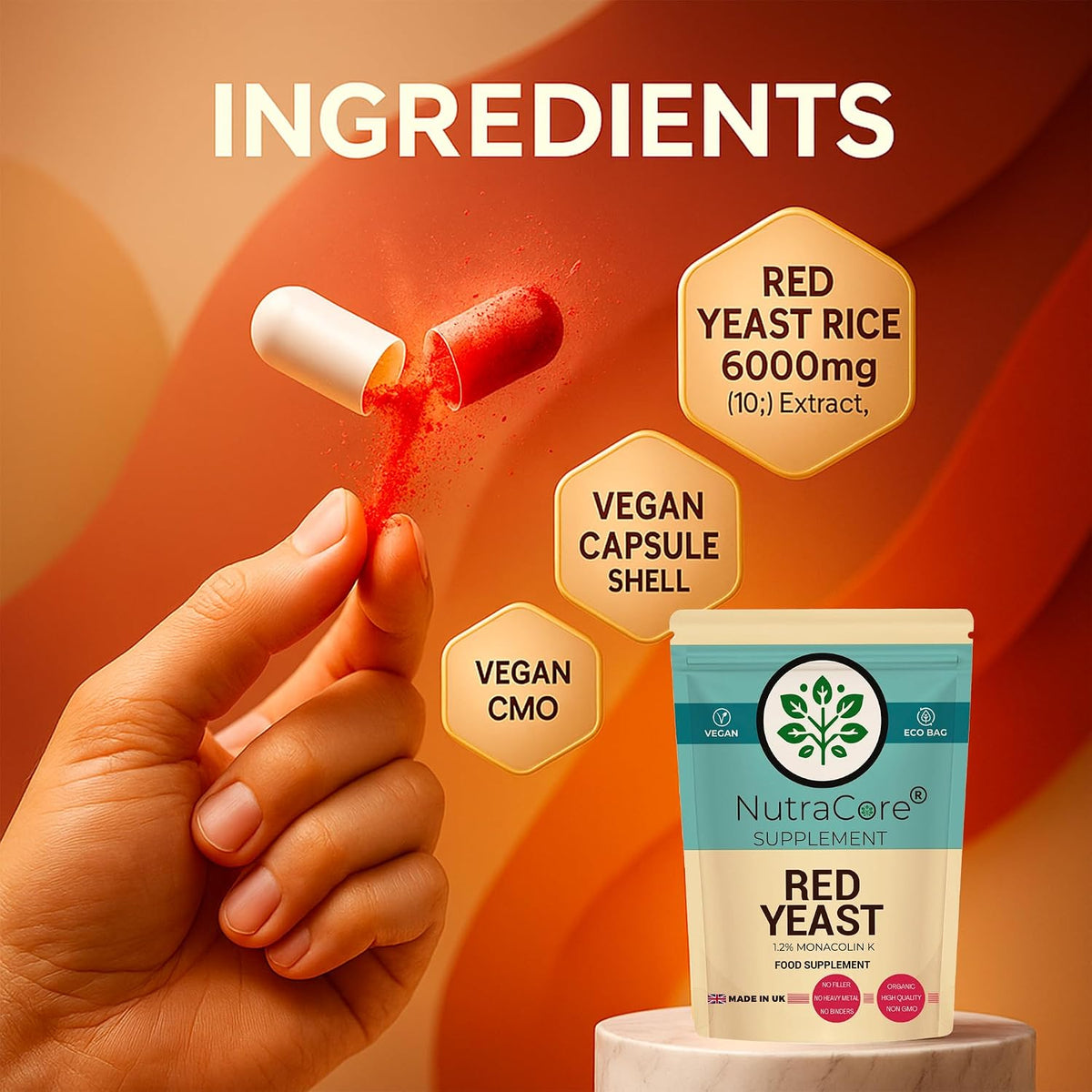 Red Yeast Rice Extract 6000mg Capsules | 1.2% Monacolin K | Vegan