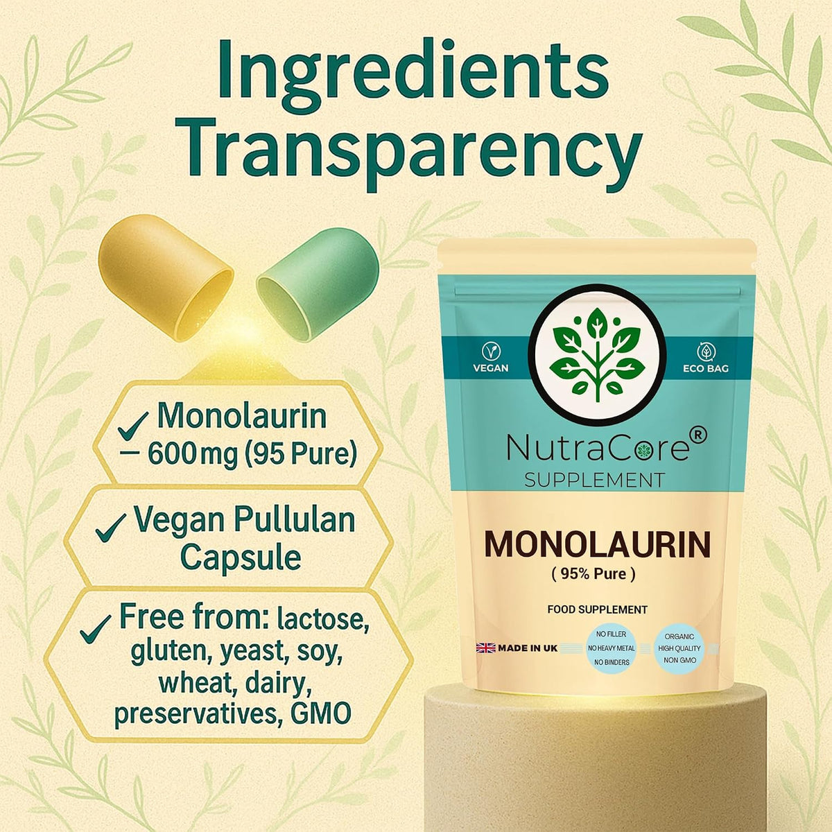 Monolaurin Capsules 550mg | Immune Health Support | 95% Pure | Vegan