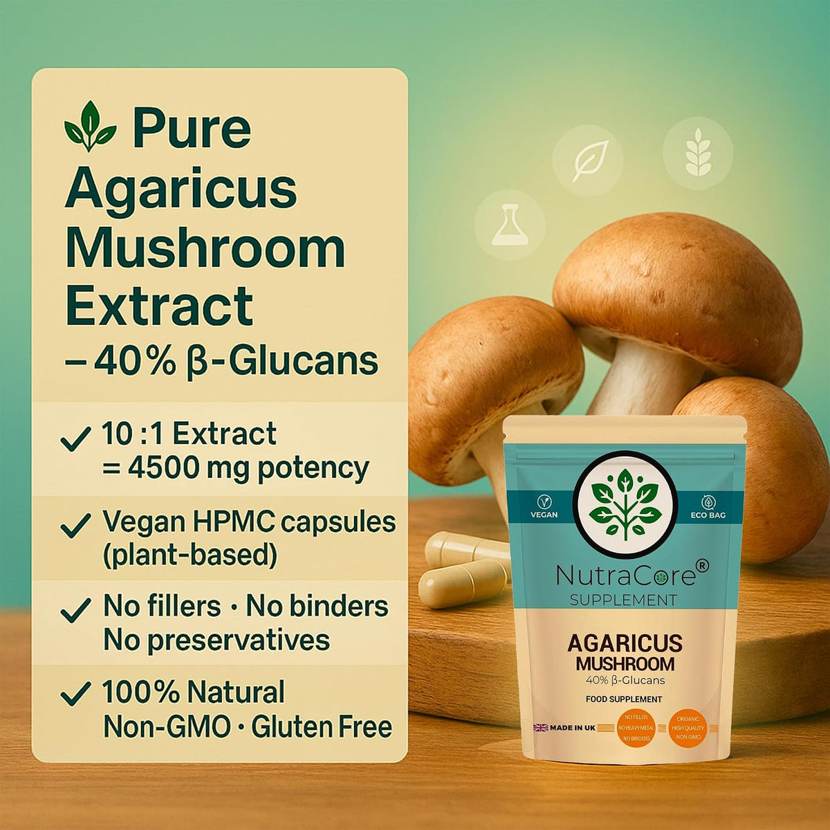 Agaricus Mushroom 4500mg Capsules | 40% Beta-Glucans | Vegan Formula