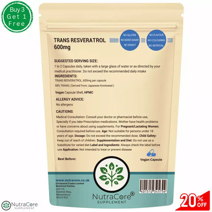 Trans Resveratrol Capsules 600mg-98%Trans-(Driven From Japanese Knotweed)-Vegan