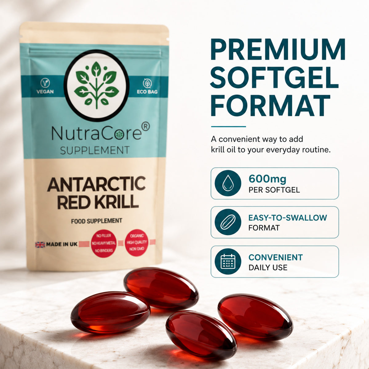 Antarctic Red Krill Oil 600mg Softgels | EPA DHA Omega-3 Supplement