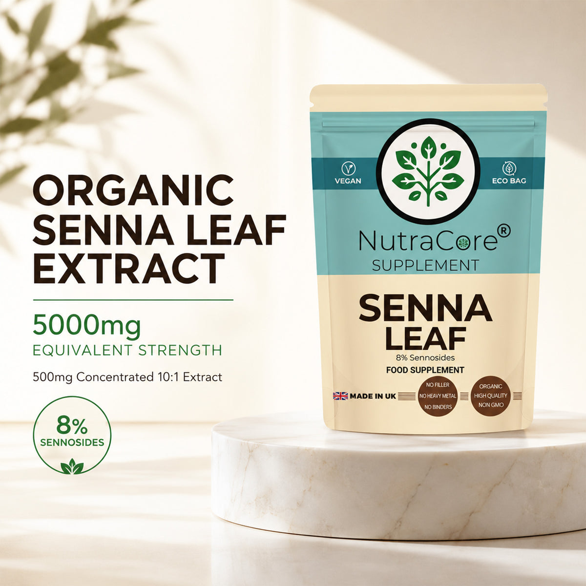 Organic Senna Leaf Extract 5000mg Capsules | 8% Sennosides | Vegan