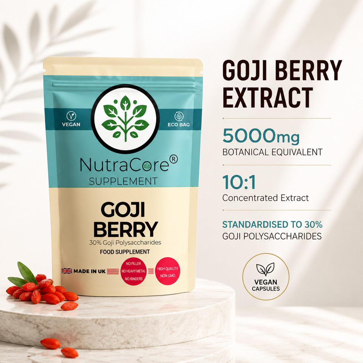 Goji Berry Extract Capsules 5000mg (30% Goji Polysaccharides) – Antioxidant Support, Vegan