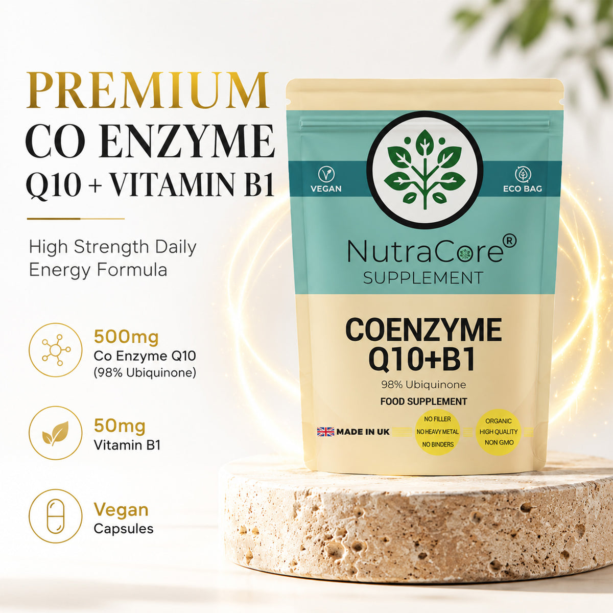 Co Enzyme Q10 550mg Capsules | Vitamin B1 | 98% Ubiquinone | Vegan