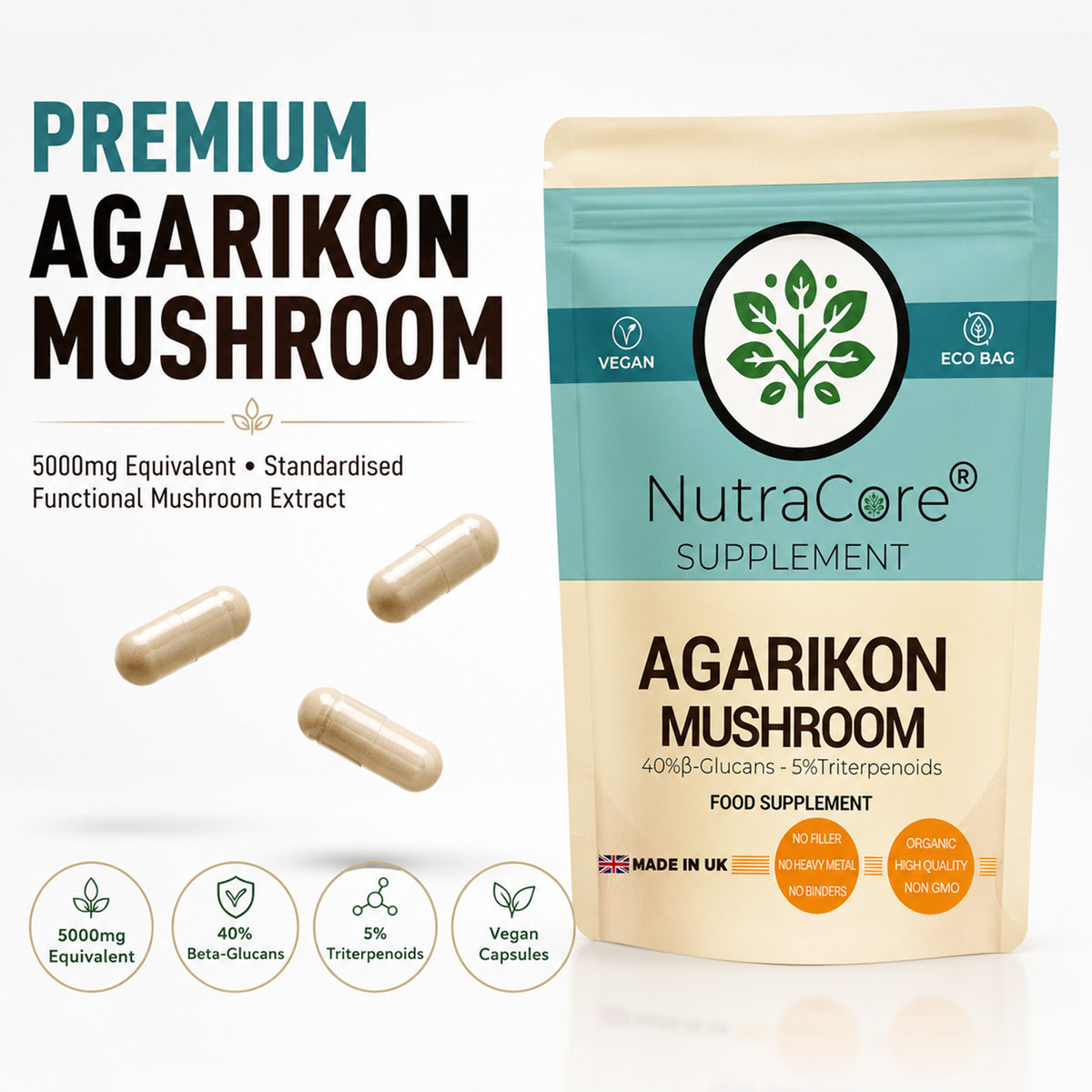 Agarikon Mushroom 5000mg Capsules | 40% Beta-Glucans | Vegan