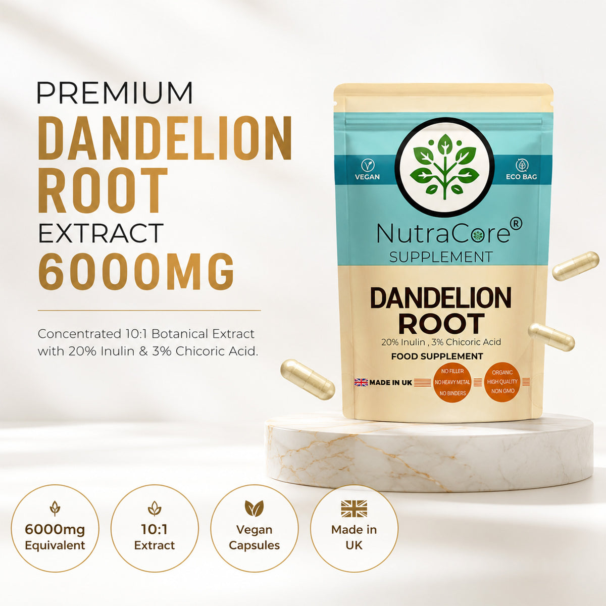 Dandelion Root Extract 6000mg Capsules | 20% Inulin | Vegan