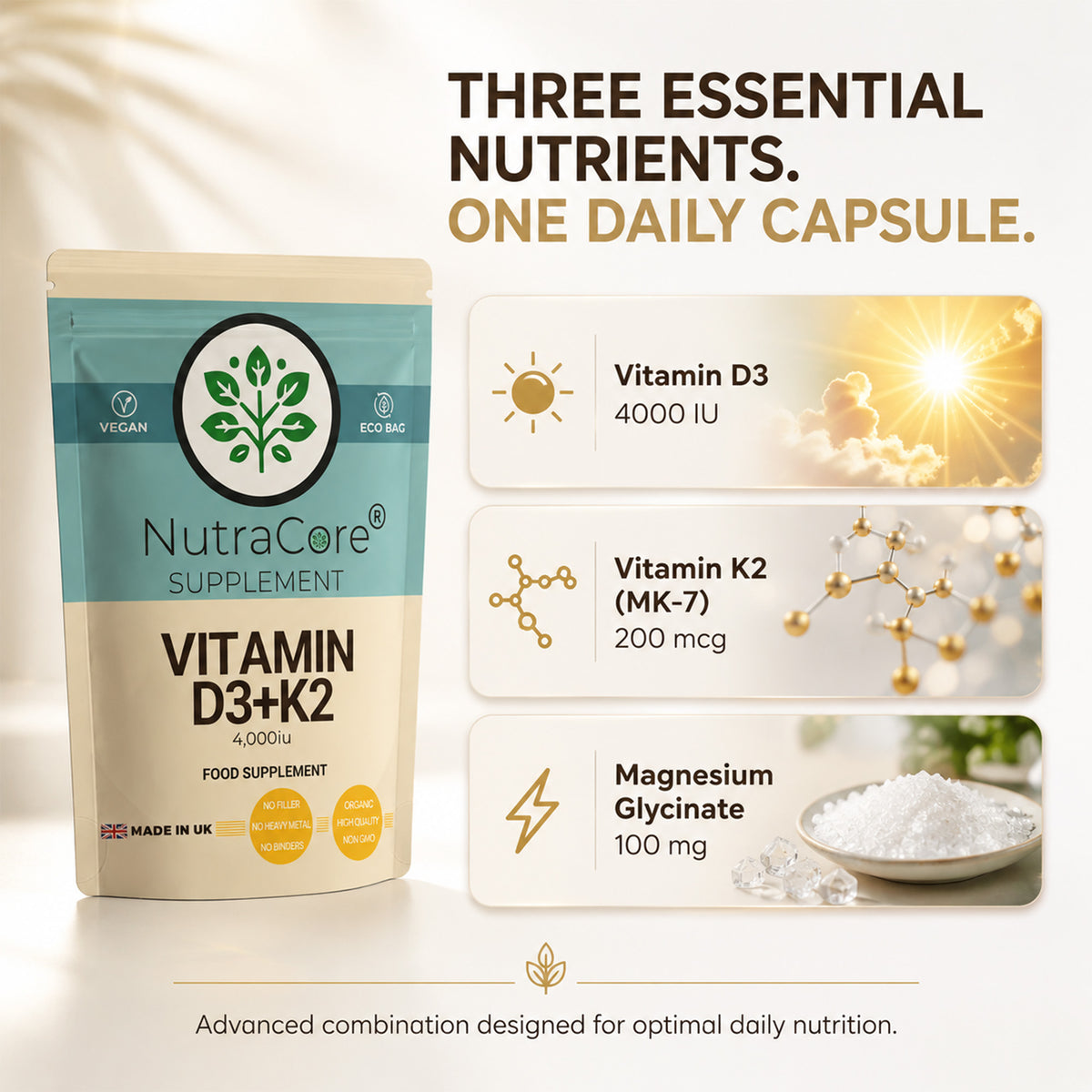 Vitamin D3 4000IU + K2 MK7 200mcg Capsules – With Magnesium