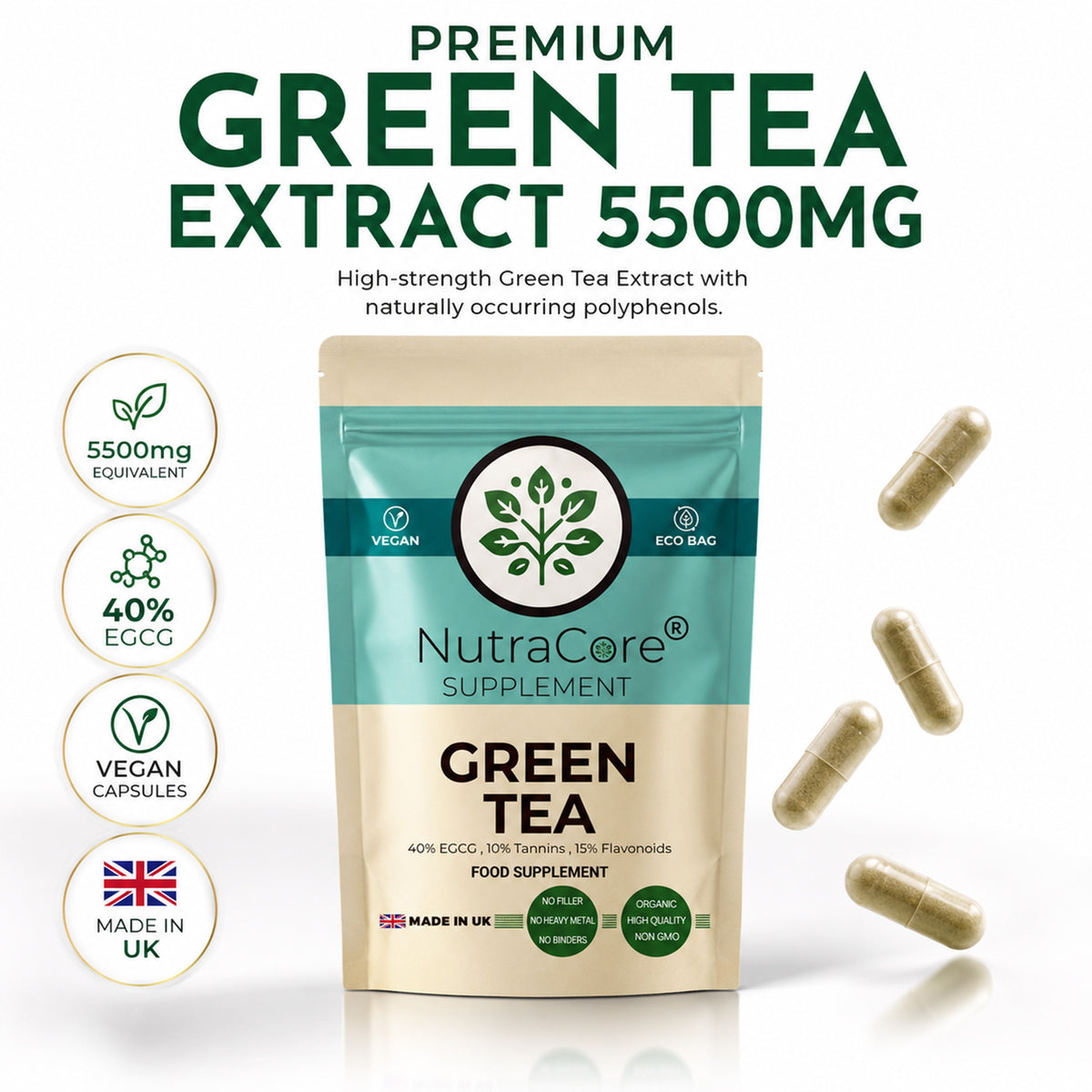 Green Tea Extract 5500mg Capsules | EGCG 40% | Vegan Formula