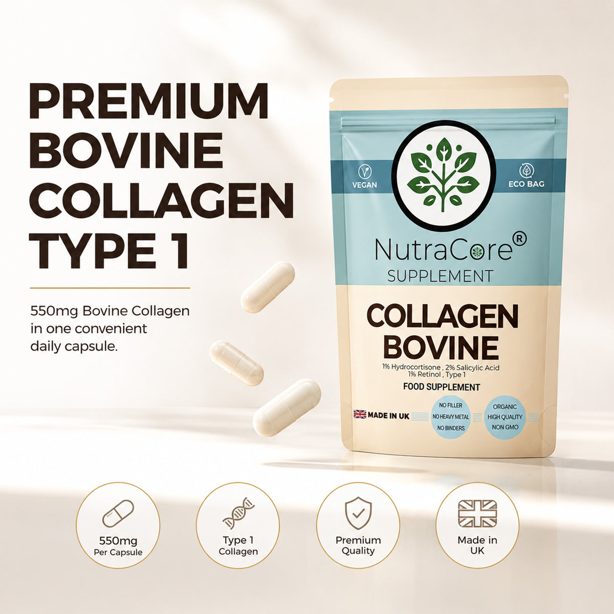 Bovine Collagen Type 1 550mg Capsules | Skin, Hair & Nail Support