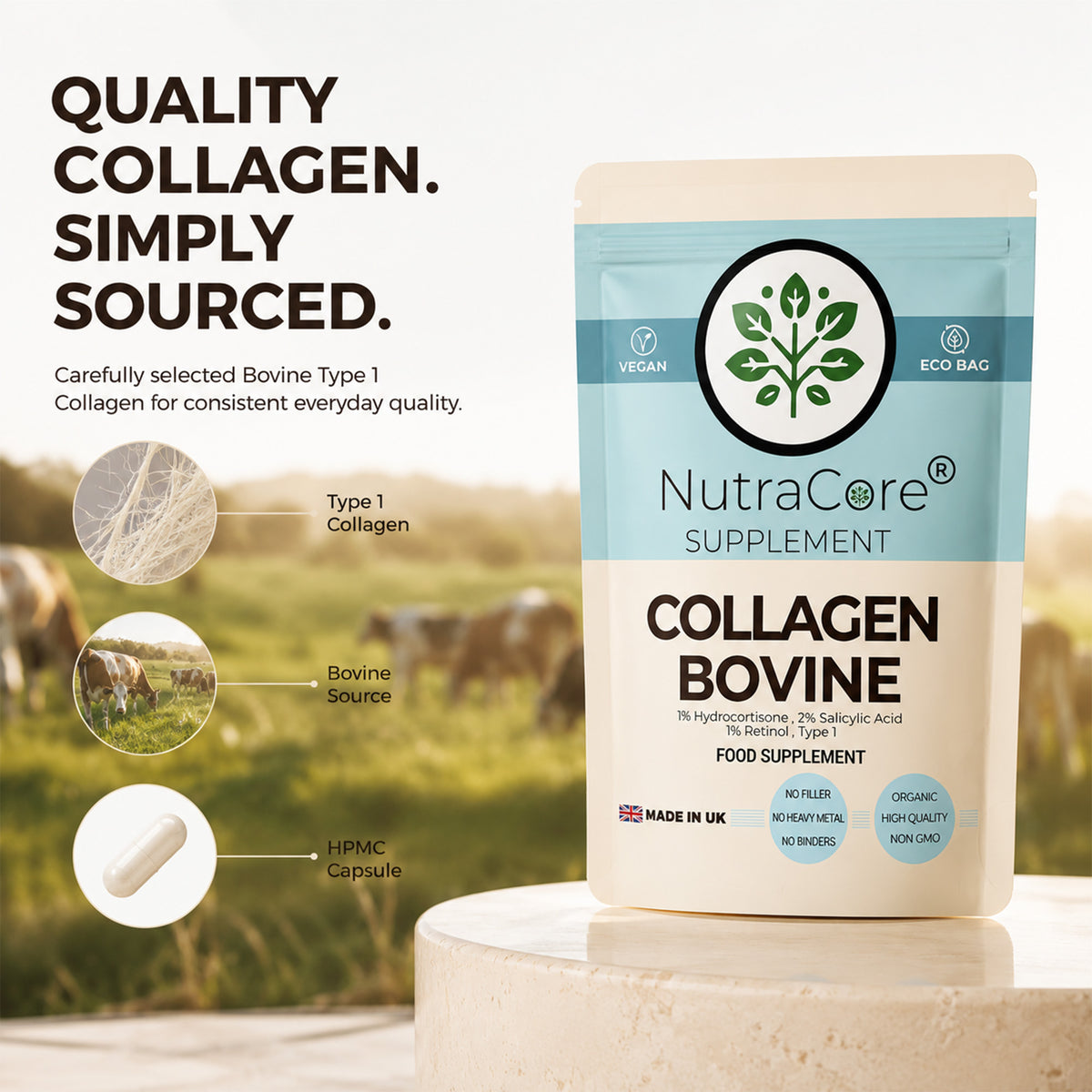 Bovine Collagen Type 1 550mg Capsules | Skin, Hair & Nail Support