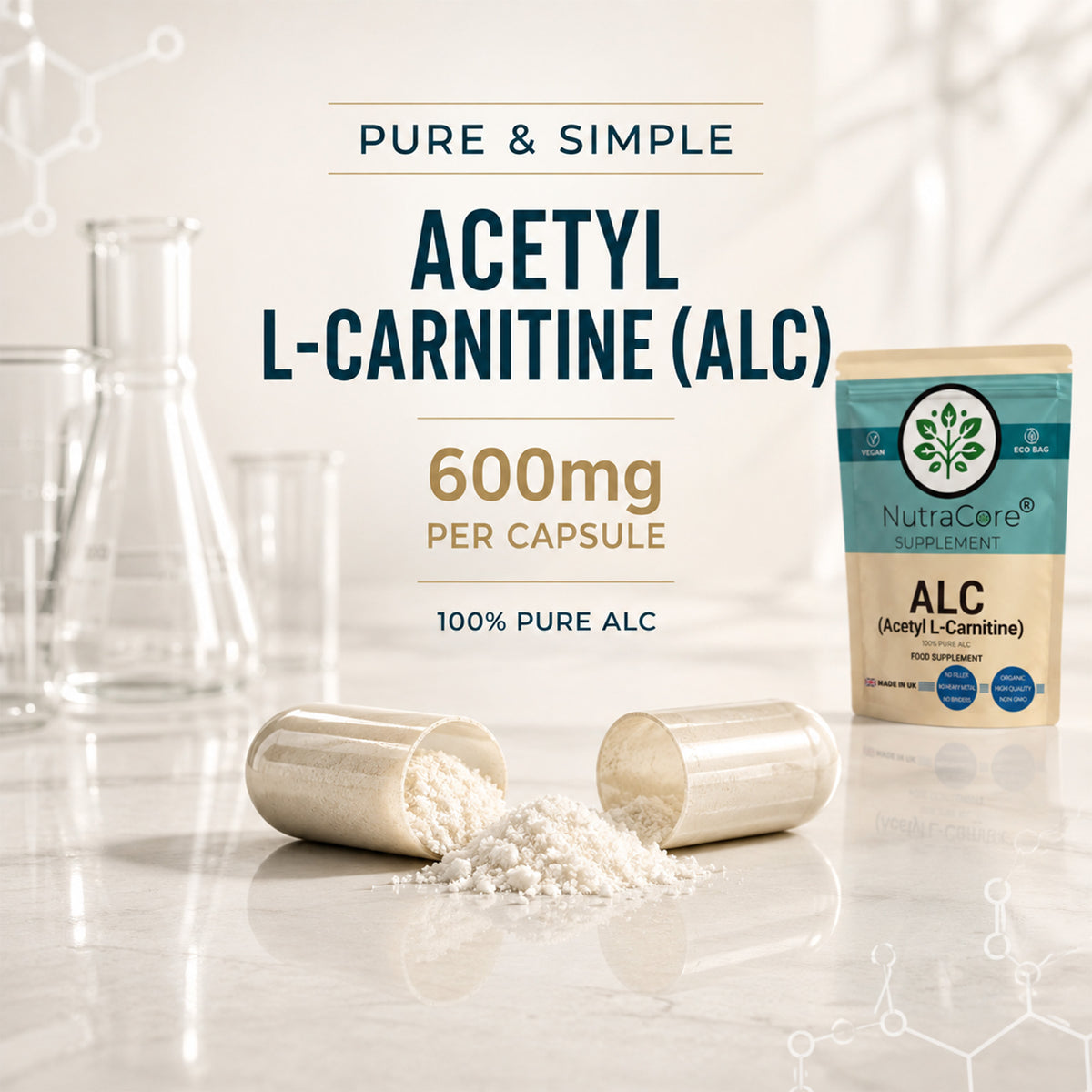 Acetyl L-Carnitine (ALC) Capsules 600mg – 100% Pure, Weight Management Support, Vegan