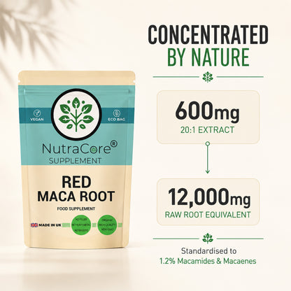 Red Maca Root 12000mg Capsules | 20:1 Extract | Vegan Supplement