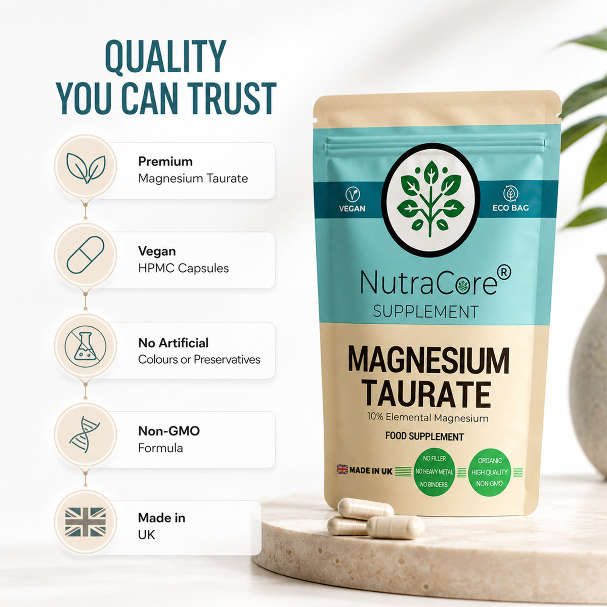 Magnesium Taurate 700mg Capsules | 70mg Elemental Magnesium | Vegan