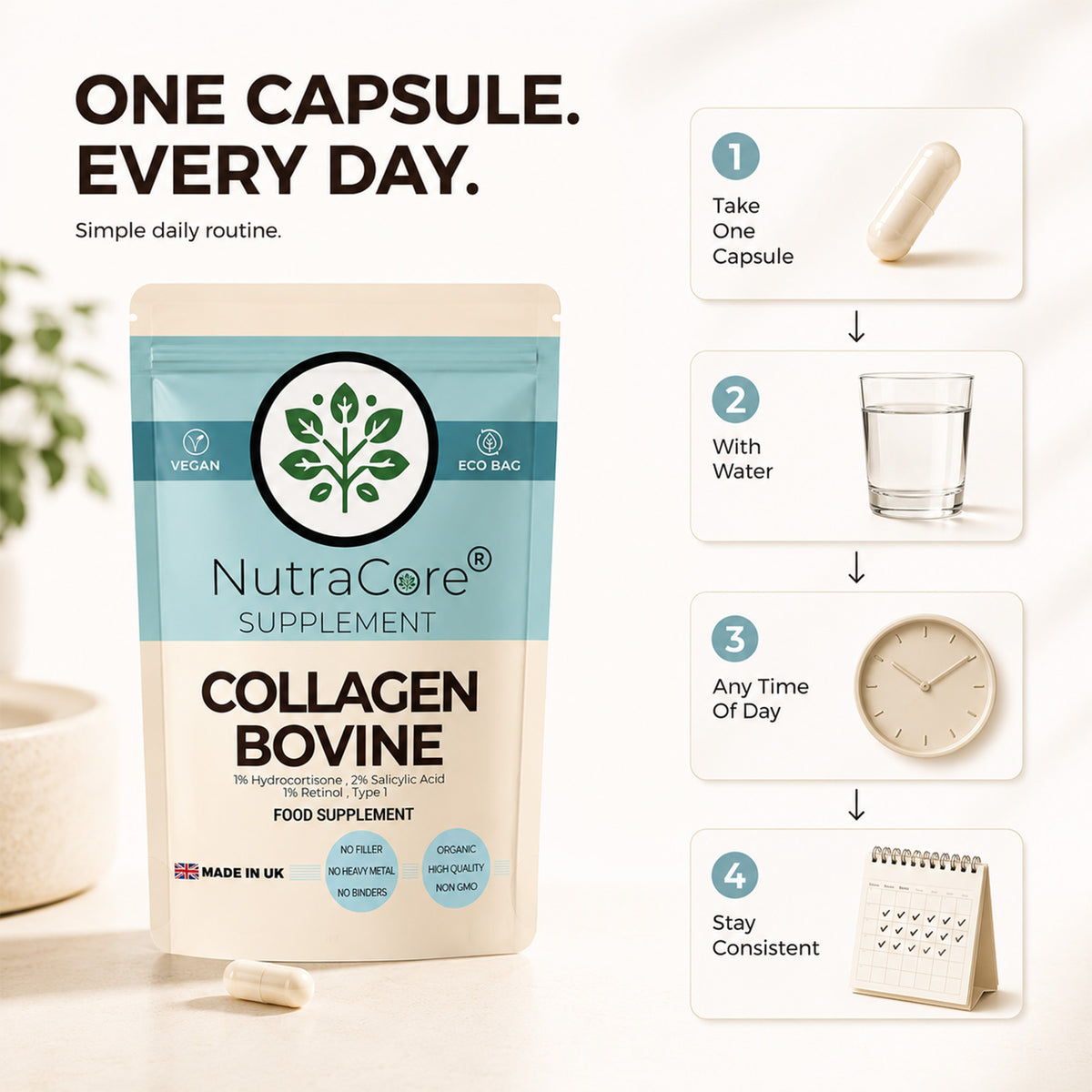 Bovine Collagen Type 1 550mg Capsules | Skin, Hair & Nail Support